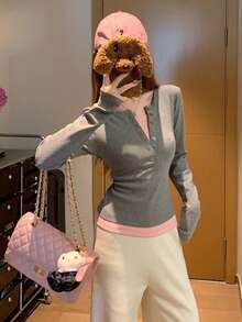 1 件女式修身长袖二合一 T 恤，灰色，秋冬分层上衣