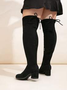 Wide Version Women's Zipper Over-The-Knee Boots, Elastic Shaft, Chunky Heel, Black Boots, Anti-Slip, Black High Heels