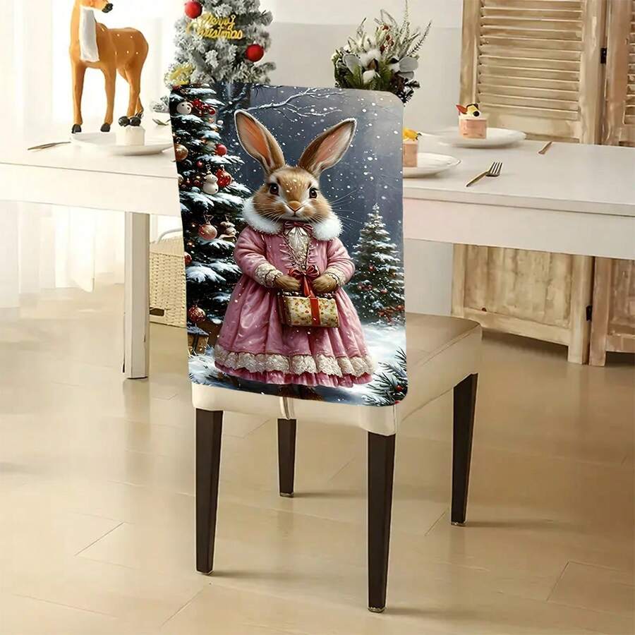 1pc/4pcs/6pcs/10pcs Christmas Series, Christmas Tree & Rabbit Pattern Printed Short Plush Chair Cover, Removable Short Plush Material Chair Slipcover, Chair Back Protector, Dining Chair Decor Cover, Suitable For All Seasons, Holiday Atmosphere Decoration Chair Cover, For Dining Room, Living Room, Home Chair Protection, With Back Protection, Applicable To Restaurant, Office, Living Room, Hotel And Home Decor - ZYBT-224 - View 1
