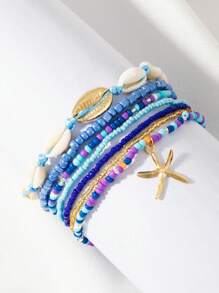 7pcs/Set Minimalist Alloy Beaded Starfish & Shell Braided Anklet, Best Gift For Girls - One Size 11 - View 2