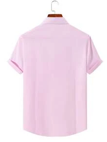Rand paul Men's Casual Social Short Sleeve Plain Shirt With Pocket In Slightly Stretch Polyester - Baby Pink - View 2