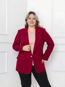 Zalla Women's Plus Size Blazer With Flap Pockets And Front Closure – Elegant Tailoring - 酒紅色 - 查看 3