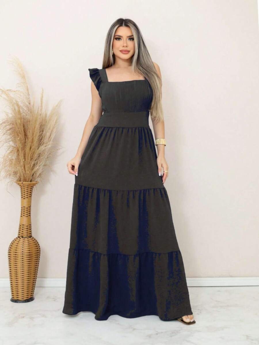 Women's Luxury Long Dress With Pleated Chest And Ruffled Sleeves - màu đen - Xem 1