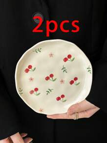 1pc Ins-Style Handpainted Asymmetrical Ceramic Plate, Cute Cartoon Cherry Heart Plate, Dessert Snack Dish, Afternoon Tea Cake Plate, Western Dinnerware, Steak Pasta Plate, Fruit Salad Plate, Holiday Gift For Family & Friends