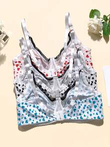 3 pièces Soutien-gorge pour femmes de grande taille avec décoration en nœud, imprimé cœur, armatures, bretelles réglables et garniture en dentelle - Multicolore - Voir 2
