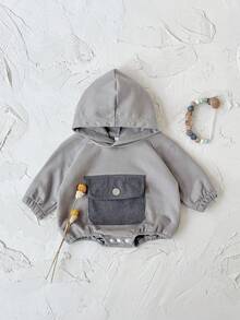 新生男童衣服灯芯绒口袋休闲可爱连帽灰色长袖紧身衣，春秋季 - 深灰色 - 查看 3