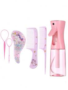6 件套美发套装，含发刷、2 把梳子、200 毫升喷雾瓶和 2 个造型工具，适用于家庭沙龙，卡通设计梳子套装，美发套装，美发工具套装，美发套装，发饰