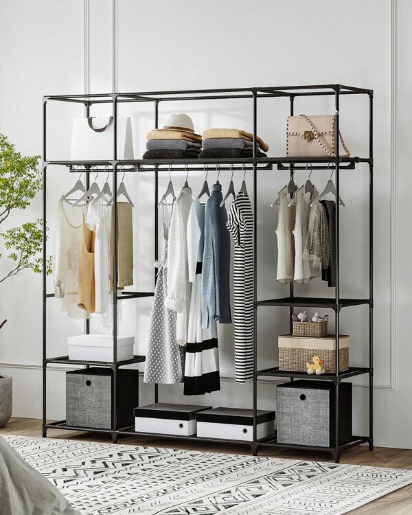 Hzuaneri Armadio guardaroba, armadio portatile per camera da letto, 3 binari per vestiti con 9 ripiani a scomparti, organizzatore indipendente per vestiti per guardaroba, nero