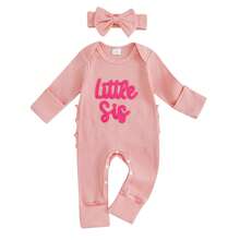 Baby Girl Winter Clothes Newborn Little Sister Going Coming Home Outfit Ruffle Mitten Romper Cute Ribbed Jumpsuit - 粉色 - 查看 3
