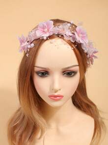 1 件女孩仿花珍珠头带，优雅串珠花卉面纱头饰，适合女孩日常旅行发型 - 粉色 - 查看 4