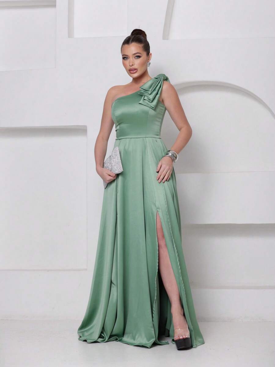 Long Dress For Bridesmaid – One Shoulder With Ruffle And Slit Elegant Simple Elegant Party Satin Side Opening Zipper Pleated Bridesmaid Civil Wedding Debutante Graduate Formal And Evening - 薄荷綠 - 查看 1