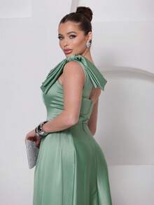 Long Dress For Bridesmaid – One Shoulder With Ruffle And Slit Elegant Simple Elegant Party Satin Side Opening Zipper Pleated Bridesmaid Civil Wedding Debutante Graduate Formal And Evening - 薄荷綠 - 查看 6