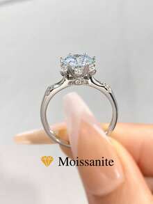 1 Pc S925 Sterling Silver Six Claw Round 2ct Moissanite Diamond Ring For Women Wedding EngagementWives, Girlfriends, Birthday Gifts, Anniversary Gifts Bridal Fine Jewelry - Silver - View 1