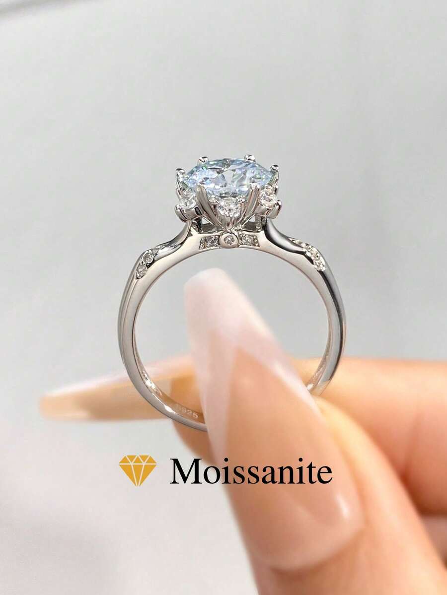 1 Pc S925 Sterling Silver Six Claw Round 2ct Moissanite Diamond Ring For Women Wedding EngagementWives, Girlfriends, Birthday Gifts, Anniversary Gifts Bridal Fine Jewelry - Silver - View 1