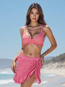 Women 2 Pieces Bikini Swimsuits Plaid Sleeveless Padded Bra High Waist Drawstring Sarongs Skirts Beach Bathing Suit Set - 紅色 - 查看 5