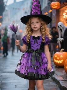 Set fustă scurtă de balet vrăjitoare pentru fete, cu pălărie și mătură, fustă scurtă cu curea elastică pentru dressing de Halloween, prințesă vrăjitoare costumată, violet negru portocaliu, articole de petrecere, decor cameră, cadouri de petrecere pentru copii - Multicolor - Vizualizare 6
