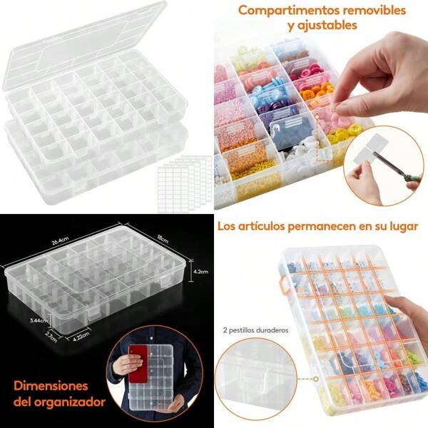 Paquete de 2 cajas de almacenamiento organizadoras de plastico transparente apilables con separadores ajustables para abalorio manualidades joyas aparejos de pesca con 5 hojas de etiquetas adhesivas
