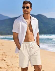 Mens Linen Shorts Casual Drawstring Elastic Waist Lightweight Summer Vacation Beach ShortsA Valentine's Day UVLZ - Màu Đỏ Sâu - Xem 7
