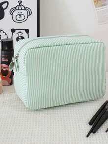 CALINNL 1个空白女士化妆包，泡泡纱条纹拉链收纳袋，旅行洗漱包，女士化妆品收纳袋，旅行必备包，适合上学、度假、返校用品，化妆包，女士旅行化妆包 - 藏蓝色 - 查看 11