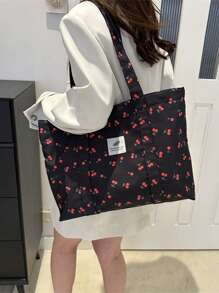 艺术樱花印花尼龙女士包，大容量托特包，手提包，单肩包，韩版时尚购物袋。