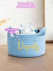 Customized Embroidered Rope Woven Storage Basket, Large Capacity Skin-Friendly Rope Basket For Baby Toy, Pet Supplies, Remote Control, Keys & Miscellaneous Storage, Suitable As Gift For Children, Family & Friends - Blue - View 10