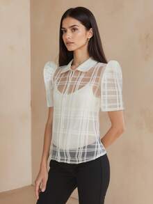 Amyenjoylife 现代菲律宾风衬衫，蝴蝶袖菲律宾风女式镂空上衣，透气条纹镂空翻领衬衫，女式衬衫，感恩节白色上衣 - 白色 - 查看 3