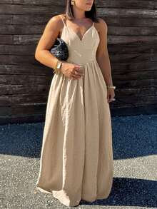 Váy yếm xếp ly hở lưng dành cho nữ cỡ lớn, mùa xuân/hè - Màu Khaki - Xem 4