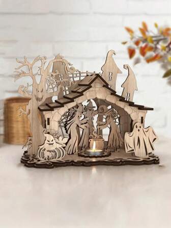 Houten heksenhuis kaarshouder Halloween essentials, fijn lasersnijden, materialen, met de hand geassembleerd, Halloween vakantie decoratieve kunst woonwinkel feestdecoratie cadeaus herfstdecoratie herfstdecoratie