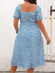 Vestido de talla grande con escote cuadrado para mujer, estampado floral, lazo delantero y abertura lateral para vacaciones - Azul - Ver 3