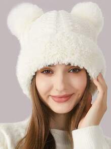 1 Stück süße pelzige Mütze, gestrickte Acryl-Plüsch-Bärenmütze für Frauen, Herbst-/Winteraccessoires