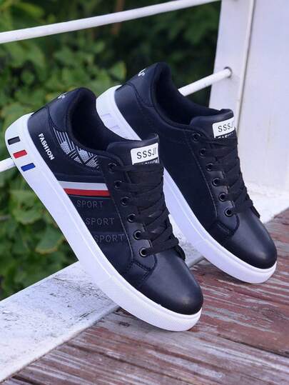 Flipark Men Stripe Design Lace-Up Skate Shoes - Wear-Resistant PU Leather Uppers, Breathable Fabric Inner, Cloth Insole, Non-Slip PVC Sole, Round Toe Cap, Perfect For Outdoor Casual Wear In Fall, Spring, Summer, Winter
