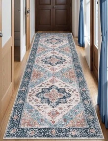 Runner Rug Hallways, 2'6x10' Washable Non Slip Kitchen Runner Rug, Long Boho Vintage Rust Hallway Stair Ultra Soft Print Floor Carpet Bedroom Bathroom Laundry Room, Home Decor - Blue/Orange - View 1