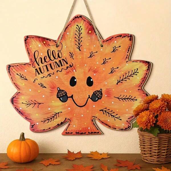 1pc Autumn Thanksgiving Hello Fall Autumn Harvest Maple Leaf Vintage Wooden Welcome Sign Suitable For Autumn Farmhouse And Home Wall Hanging Decoration
