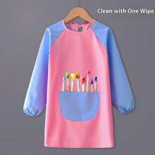 1 件儿童艺术围裙，防水长袖儿童绘画围裙，适合儿童身高 (75-110cm)，带口袋，用于绘画、烹饪、进餐、艺术家绘画围裙