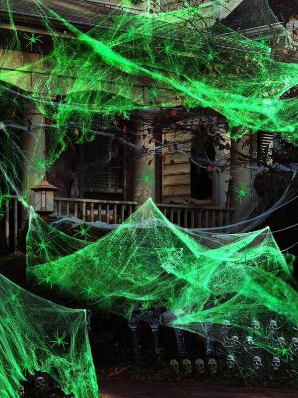 1400 Sq Ft Luminous Spider Web Halloween Decoration With 100 Fake Spiders - Ultra Elastic Polyester, Glowing Green Webs For Indoor & Outdoor Parties, Reusable Nighttime Effect, No Power Needed, Party Decoration | Spooky Theme Decor | Durable Halloween Decor, Halloween Decorations