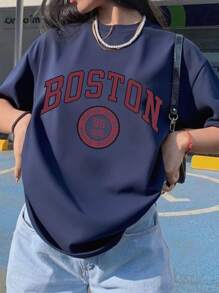 青少年女孩短袖 T 恤，印有“BOSTON”字母，宽松版型，适合学生日常穿着，春夏季节的绝佳选择