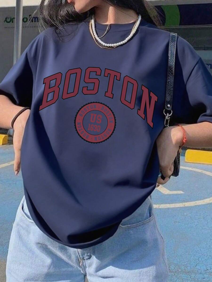 青少年女孩短袖 T 恤，印有“BOSTON”字母，宽松版型，适合学生日常穿着，春夏季节的绝佳选择