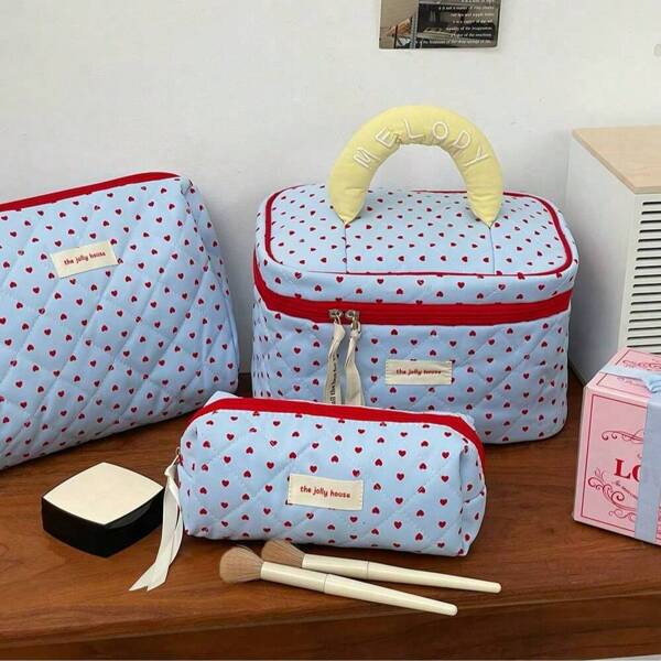3pcs Heart-Shaped Compartment Cosmetic Bag Set - Blue Handheld Organizer Bag, Girlfriend/Valentine's Day Gift, Leak-Proof Travel Bag For Skincare, Stage Performance Essential, Mother's Birthday Practical Gift Box, Ins Style Gift Set