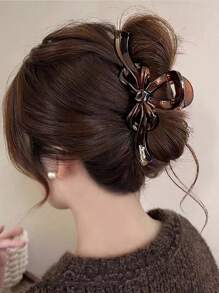 1pc Korean Style Elegant Bowknot Gold Label Hair Clip, Large Size Suitable For Thick Hair, Stylish Barrette For Occiput Hair Accessories Women Claw Clip