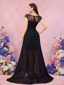 Women's Sweetheart Collar Lace Patchwork Solid Color Chiffon Waist Slit Ruffle Hem Elegant Bridesmaid Dress - Black - View 3