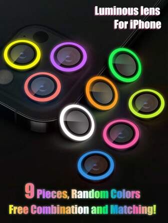 ZYONS 9 piezas de protector de lente de cámara luminoso para iPhone 17 Pro Max/17 Air/16 Pro Max/16E/15 Pro Max/14/13/12/11 Series, brilla en la noche, 9 colores aleatorios, múltiples colores brillantes y fluorescentes, accesorios de cámara, combinación y combinación libre, compatible con fundas de teléfono (color aleatorio)