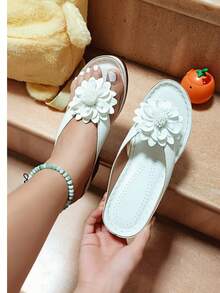 1 双手工花卉装饰木纹高跟女式凉鞋，舒适优雅加大码一脚蹬人字拖，适合工作/派对/节日礼物/活动 - 白色 - 查看 1