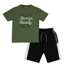 Kyly Boy's Set Cotton T-Shirt With Green Front Print, Bermuda Shorts, And Light Black Sweatshirt - 彩色 - 查看 1