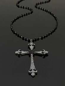 1pc Ascension Day Cross Crystal Beaded Necklace, Black Metal Material With Zirconia Inlaid, Goth Style Suitable For Women Daily Wear - màu đen - Xem 10