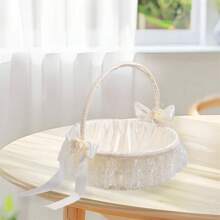 Flower Girl Hand Basket Artificial Floral Decor Woven Hamper Petal Storage Lace Wedding Basket