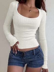 Women's Casual Scoop Neck Ribbed Fitted Long Sleeve Sweater/T-Shirt, Suitable For Summer, Autumn/Winter, Christmas And New Year Wear - White - View 5