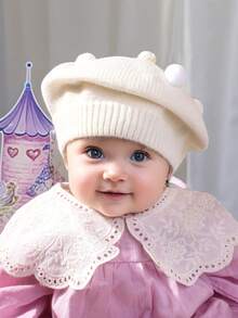 1pc Unisex Baby Candy Color Versatile Knitted Beret Hat, Children's Stylish Casual Beanie, Artist Cap - A Children's Fur Ball Beret - View 2