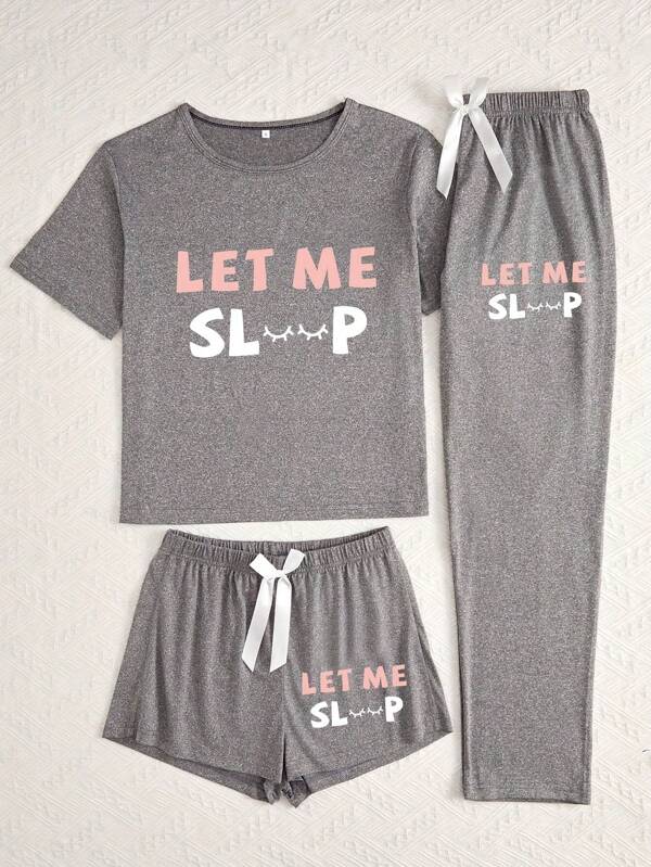 Women's Summer Fall Pajama Set 3 Piece: Soft Breathable Short Sleeve Sleep Shirt + Lounge Shorts & Pants With Elastic Waistband For Sleeping