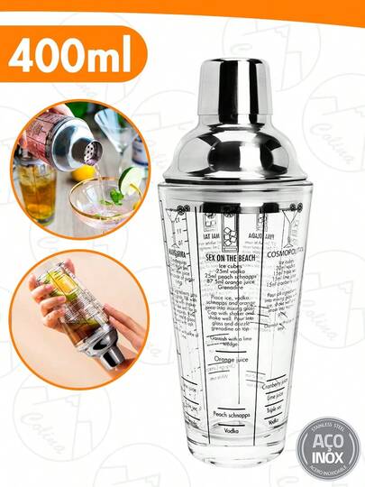 Coqueteleira De Vidro E Aço Inox Com Tampa 400ML Profissional Barman Drinks Bebidas
