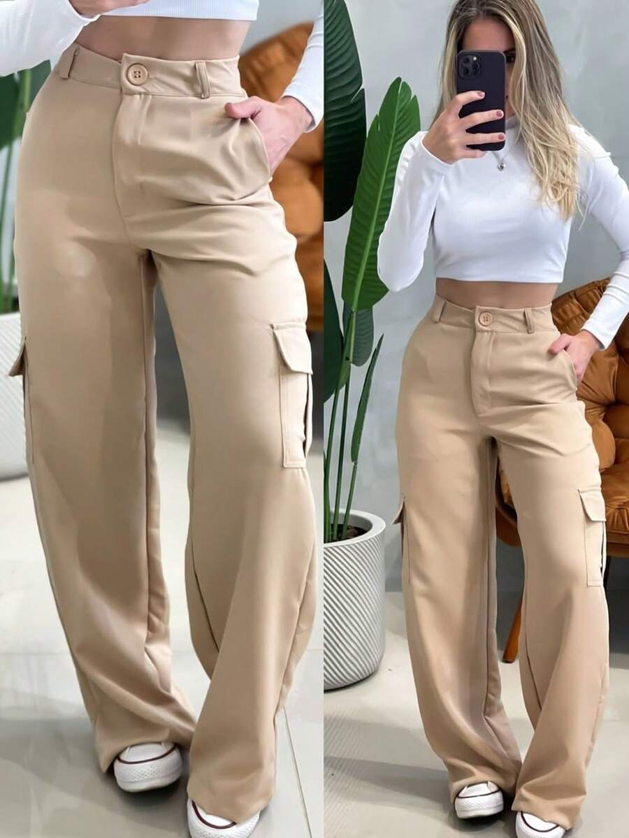 Women's Tailored Cargo Pants With Side Pockets - Cream - View 1
